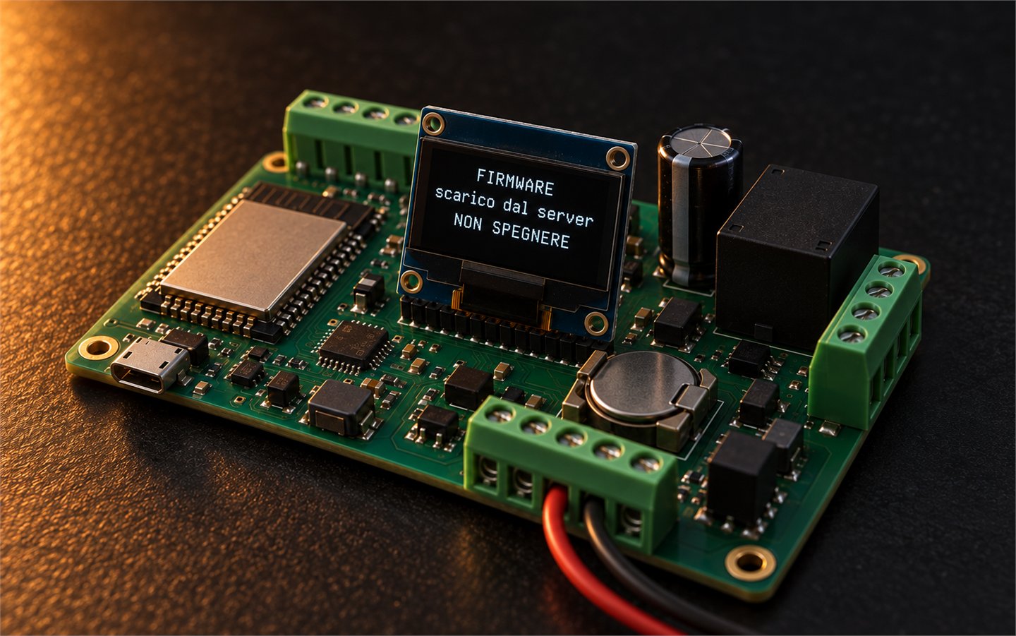 Il display della scheda durante l'aggiornamento del firmware